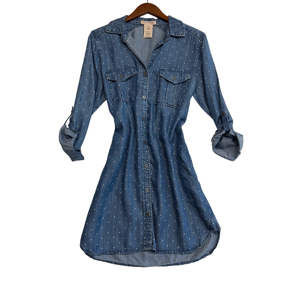 Philosophy Polka Dot Tencel Shirt Dress Blue Long Sleeve Roll Tab Pockets S